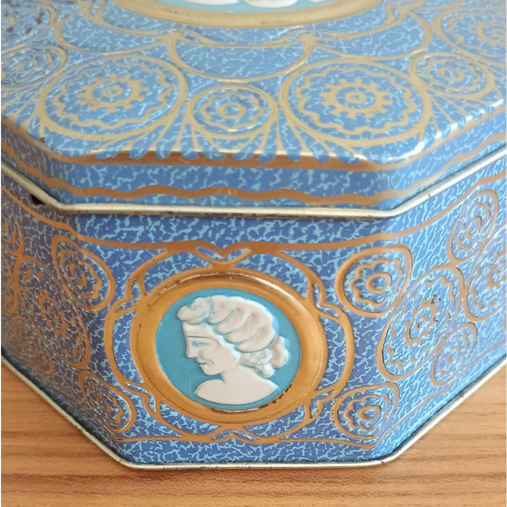 Vintage Octagon Embossed Cameo Drop Candy Tin England Blue White Gold